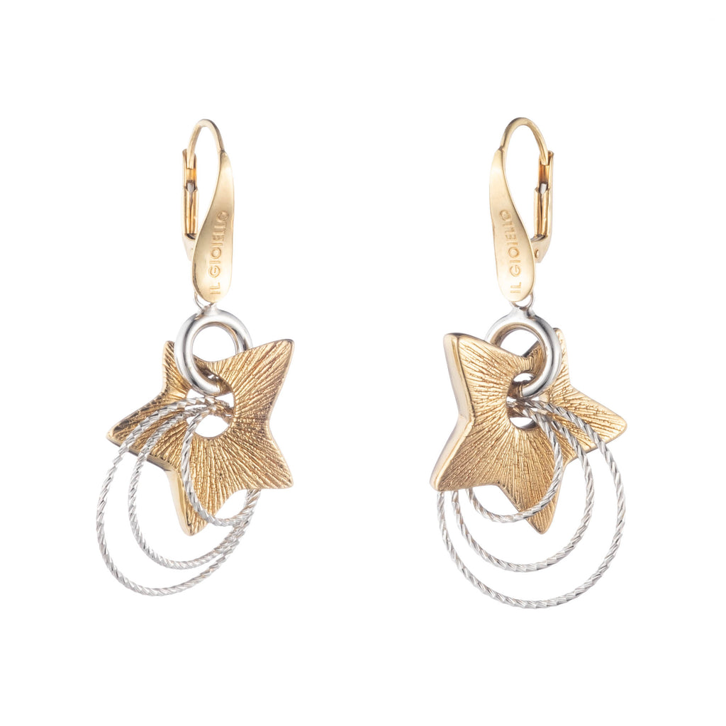 Two-Tone Interlocking Yellow and White 18 Karat Gold Rings and Star Drop Earrings