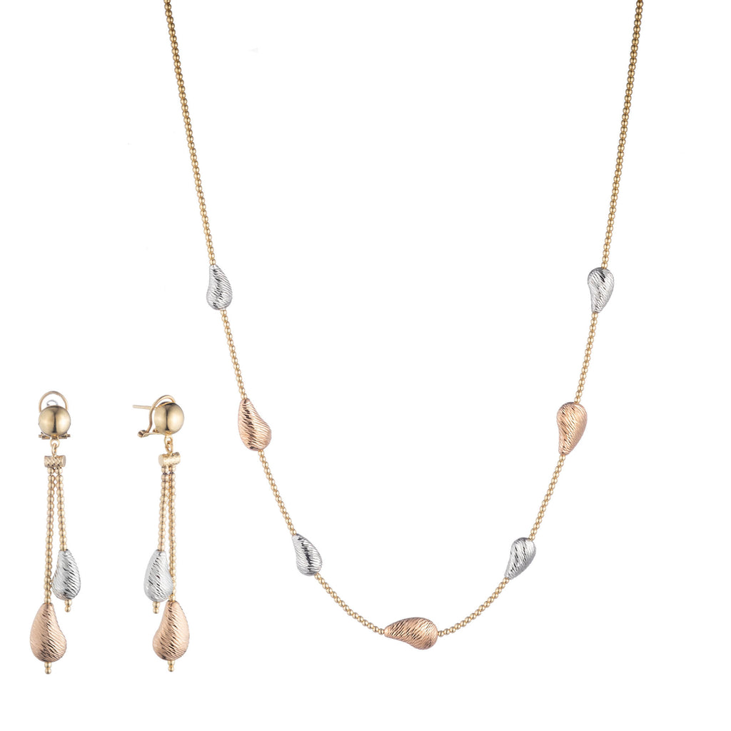 18k Tri-Tone Drop Earrings and Necklace Set with Pear Shaped Accents